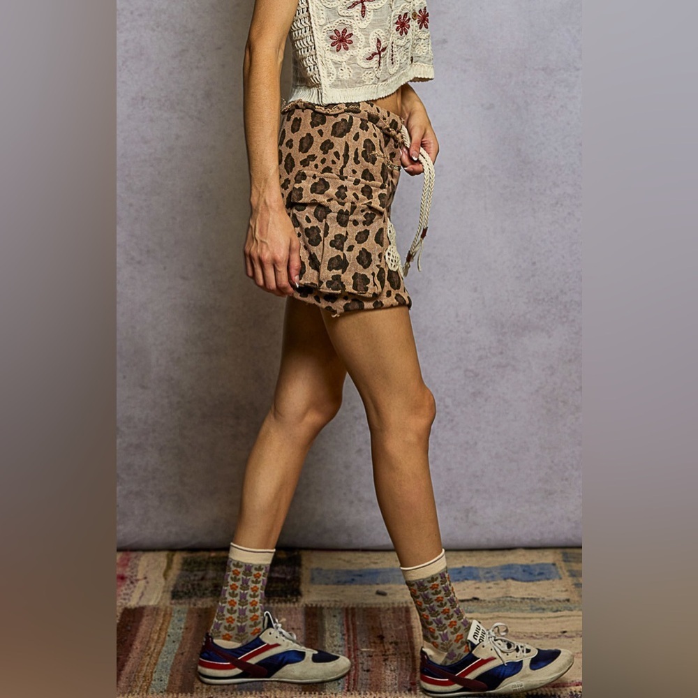 POL " Leopard Cutie " Cotton Mini Skirt With Cargo Pockets + Patchwork Sand S - Picture 6 of 7